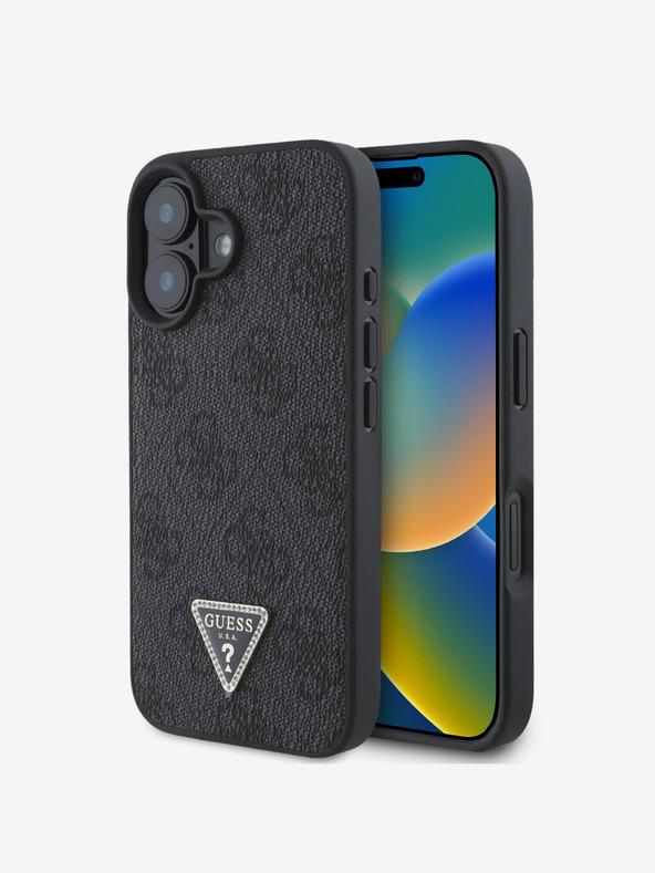 Guess Guess PU 4G Strass Dreieck Metall Logo Rückseite für iPhone 16 Schwarz