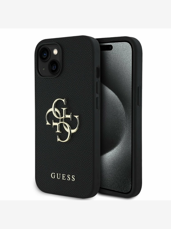 Guess Guess PU Grained 4G Metall Logo Back Cover für iPhone 14 Schwarz