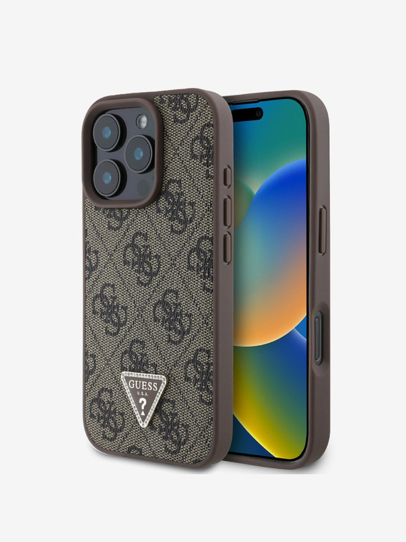 Guess Guess PU 4G Strass Dreieck Metall Logo Back Cover für iPhone 16 Pro Max Braun
