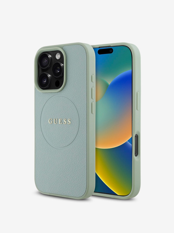 Guess Guess PU genarbtes klassisches Logo MagSafe Back Cover für iPhone 16 Pro Max Grün