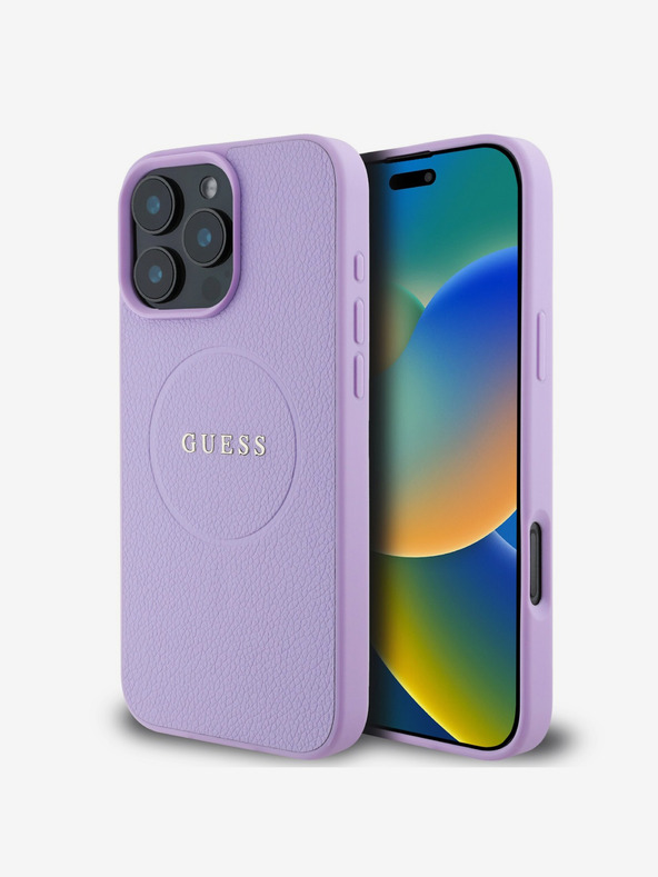 Guess Guess PU Genarbtes Klassisches Logo MagSafe Back Cover für iPhone 16 Pro Max Lila