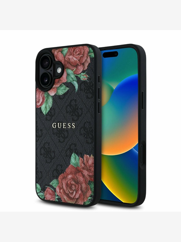 Guess Guess PU Leder 4G Roses MagSafe Back Cover für iPhone 16 Schwarz