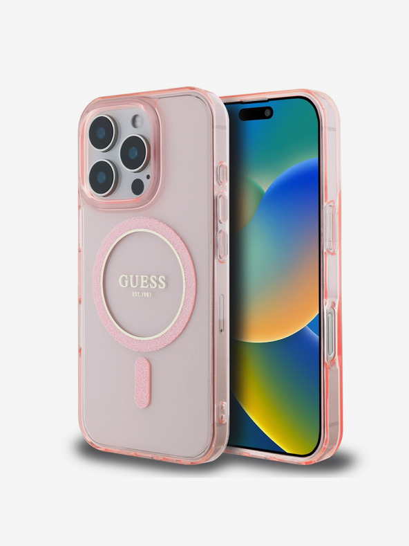 Guess Guess IML Glitter Ring MagSafe Schutzhülle für iPhone 16 Pro Pink