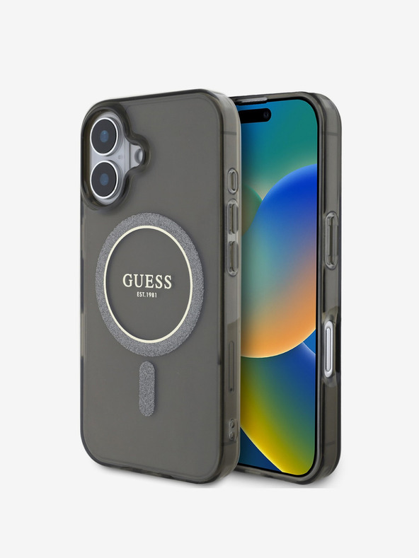 Guess Guess IML Glitter Ring MagSafe Back Cover für iPhone 16 Schwarz