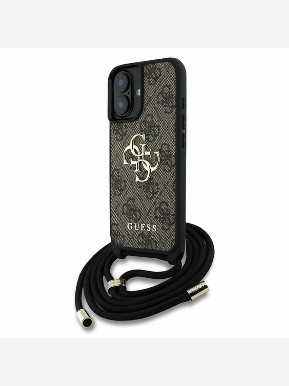 Guess Guess PU 4G Metal Logo Crossbody Strap Back Cover für iPhone 16 Braun