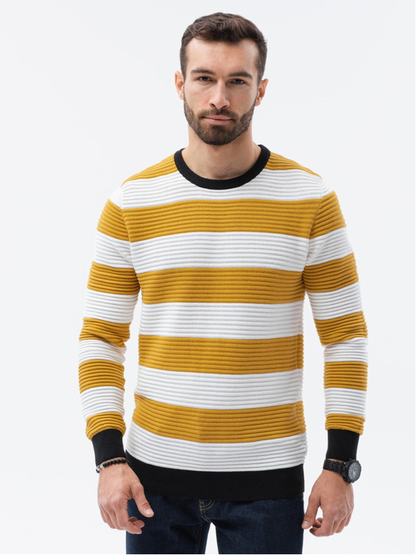 Ombre Clothing Weiß und senfgelb gestreifter Pullover für Herren von Ombre Clothing E189