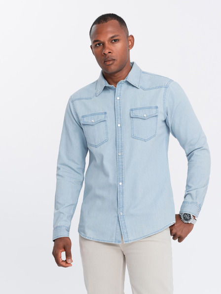 Ombre Clothing Herren Denim Button-Down Hemd mit Taschen hellblau Ombre Clothing