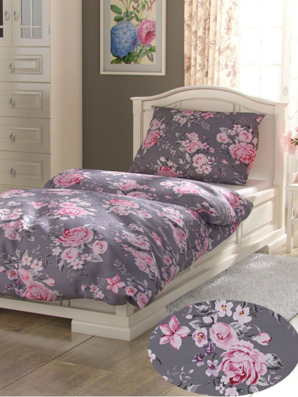 Kvalitex Verlängertes Baumwoll-Bettwäsche-Set Provence Collection 140x220, 70x90cm Beatrice grau Kvalitex