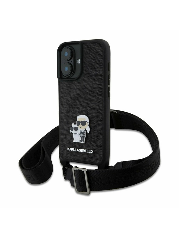 Karl Lagerfeld Karl Lagerfeld Saffiano Crossbody Riemen Metal Karl and Choupette Rückseite Hülle für iPhone 16 Black