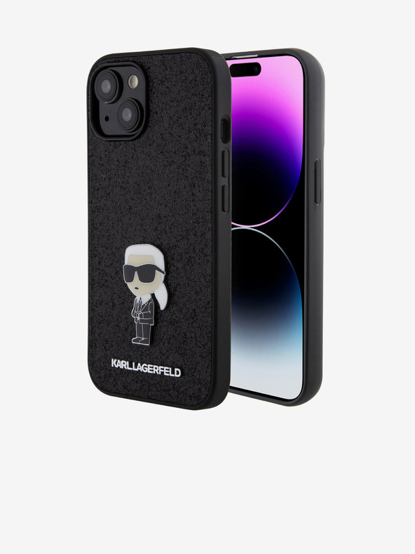 Karl Lagerfeld Karl Lagerfeld Fester Glitzer Metall Ikonik Rückseite Hülle für iPhone 15 Black