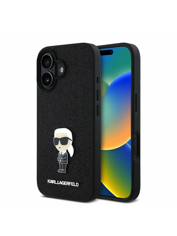Karl Lagerfeld Karl Lagerfeld Fester Glitzer Metall Ikonik Rückseite Hülle für iPhone 16 Schwarz