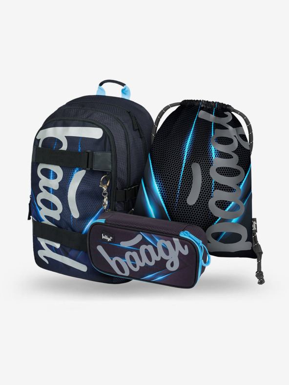 BAAGL  Schwarzes 3er Set Skate Bluelight: Rucksack, Mäppchen, Tasche Baagl