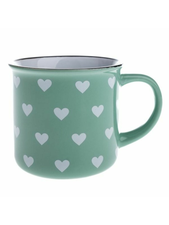 Casa de Engel Keramischer Becher, hellgrün mit weißen Herzen, 400ml, 12/36