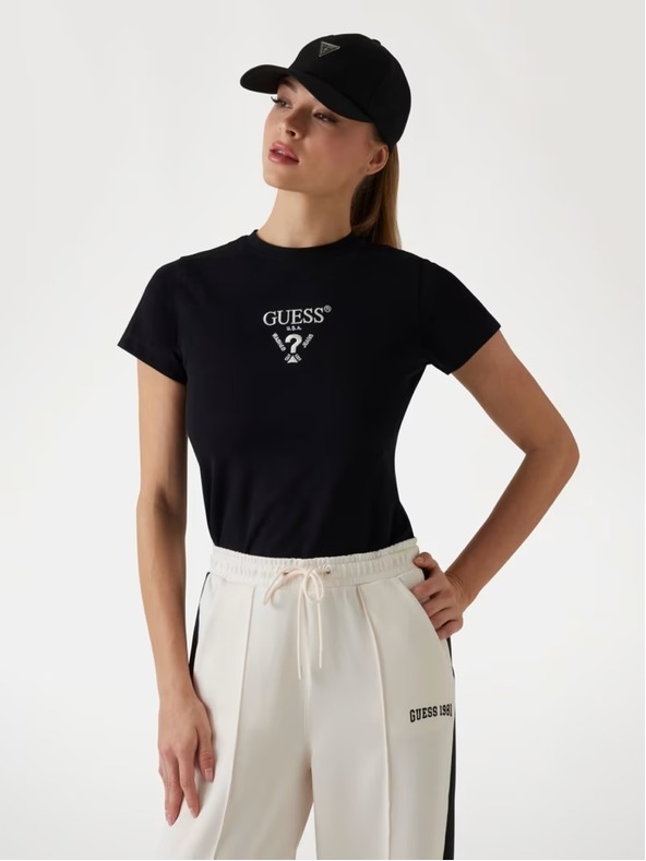 Guess Jeans Damen schwarzes T-Shirt mit Vorderlogo Guess Jeans
