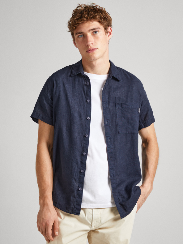 Pepe Jeans Dunkelblaues Herren-Kurzarm-Leinenhemd Pepe Jeans
