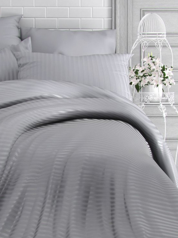 Kvalitex Spannbetttuch aus französischem Satin mit Streifen 1+2, 240x220, 70x90cm HELLGRAU