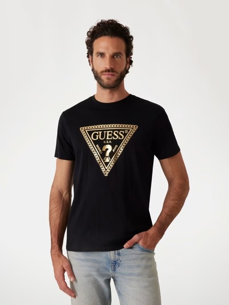 Guess Jeans Herren schwarzes T-Shirt mit Ketten-Dreiecks-Logo Guess jeans