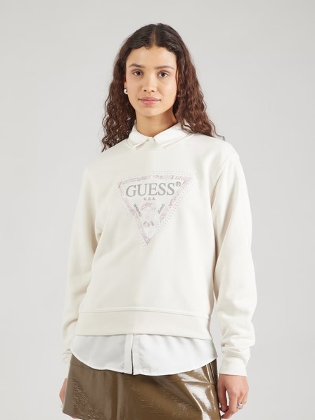 Guess Jeans Damen cremefarbene Jacke Python Big Triangle Logo Guess Jeans