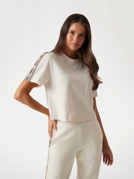 Guess Jeans Damen weißes T-Shirt mit Schulter-Logo Guess Jeans