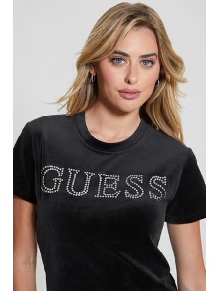 Guess Jeans Damen Schwarzes T-Shirt Velvet Logo von Guess Jeans