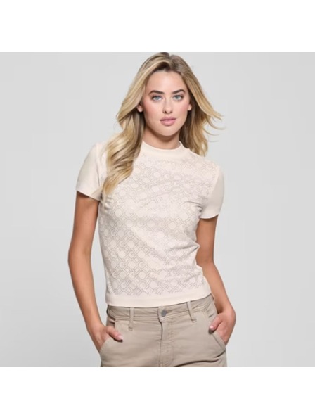 Guess Jeans Damen Cremefarbenes T-Shirt mit Aufdruck von Guess Jeans