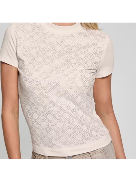 Guess Jeans Damen Cremefarbenes T-Shirt mit Aufdruck von Guess Jeans