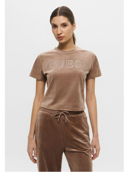 Guess Jeans Damen Braunes T-Shirt Velvet Logo von Guess Jeans