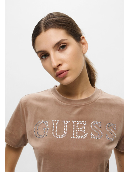 Guess Jeans Damen Braunes T-Shirt Velvet Logo von Guess Jeans