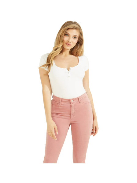 Guess Jeans Damen Weißes T-Shirt mit Knöpfen von Guess Jeans