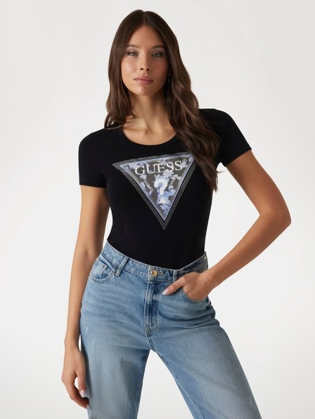 Guess Jeans Damen Schwarzes T-Shirt mit Blumenaufdruck von Guess Jeans