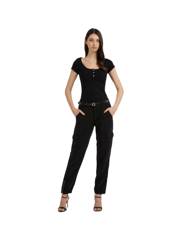 Guess Jeans Damen Schwarzes T-Shirt mit Knöpfen von Guess Jeans