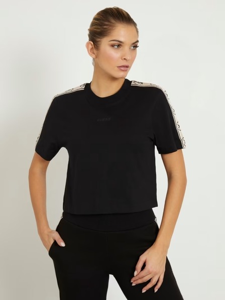 Guess Jeans Damen Schwarzes T-Shirt mit Schulter-Logo von Guess Jeans