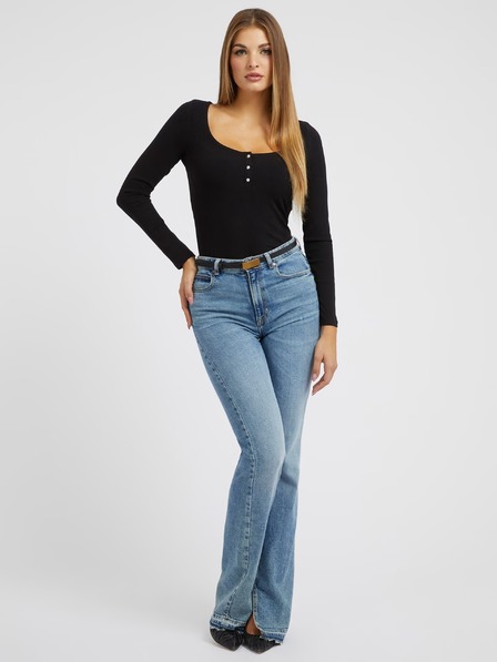 Guess Jeans Damen Schwarzes Langarm-T-Shirt mit Knöpfen von Guess Jeans