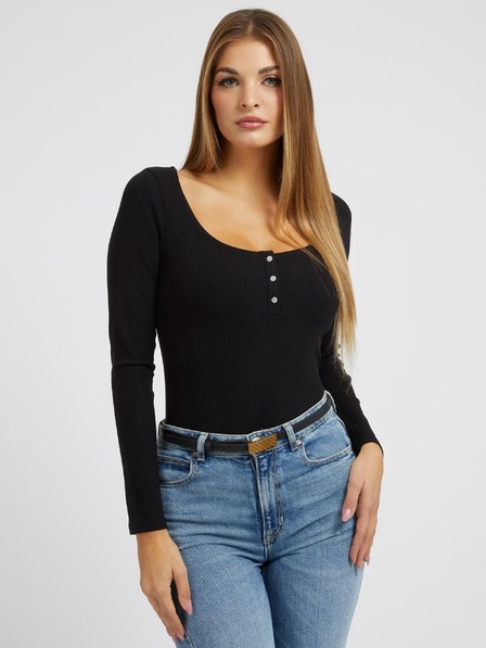 Guess Jeans Damen Schwarzes Langarm-T-Shirt mit Knöpfen von Guess Jeans