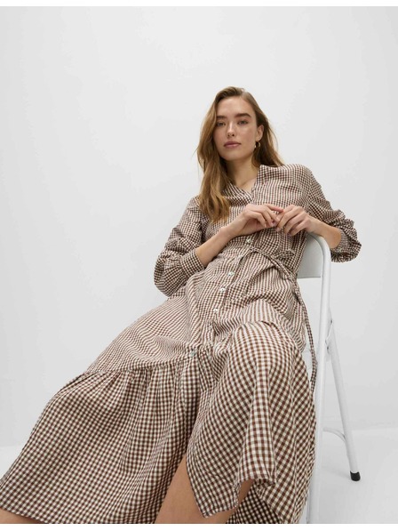 Marks & Spencer Checked Midi Dress with Front Buttons, High Modal Content by Marks & Spencer Brown