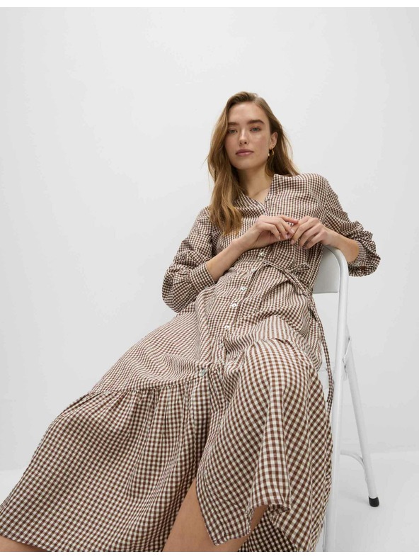 Marks & Spencer Checked Midi Dress with Front Buttons, High Modal Content by Marks & Spencer Brown