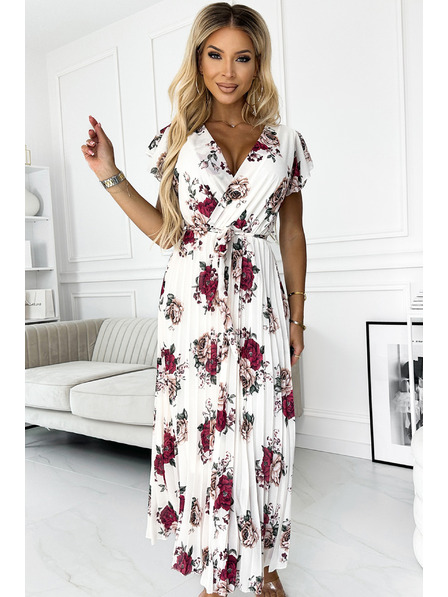 numoco Plissiertes Midi-Kleid mit Ausschnitt und Volants - dunkle rote Rosen
