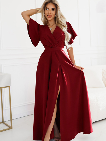 numoco Numoco Damen burgunderfarbenes langes Kleid mit Schlitz, Ärmel und Ausschnitt