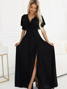 numoco Schwarzes glänzendes langes Damenkleid mit Ärmeln und Ausschnitt Numoco
