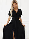 numoco Schwarzes glänzendes langes Damenkleid mit Ärmeln und Ausschnitt Numoco