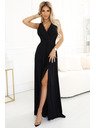 numoco Schwarzes langes Damenkleid aus Satin mit Ausschnitt und Schlitz Numoco