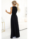 numoco Schwarzes langes Damenkleid aus Satin mit Ausschnitt und Schlitz Numoco