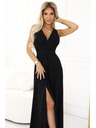numoco Schwarzes langes Damenkleid aus Satin mit Ausschnitt und Schlitz Numoco