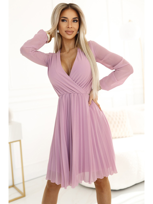 numoco Pinkes langärmeliges Rüschenkleid für Damen mit Ausschnitt Numoco