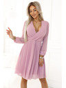 numoco Pinkes langärmeliges Rüschenkleid für Damen mit Ausschnitt Numoco