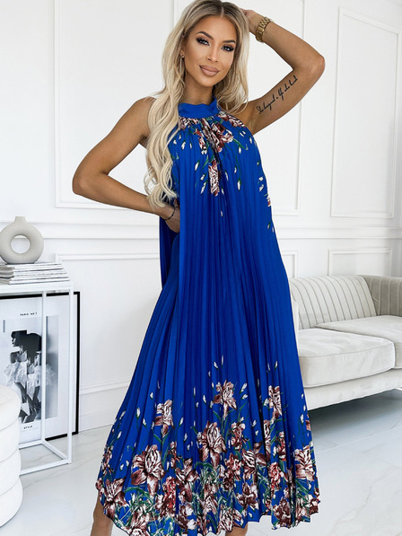 numoco Plissiertes Maxikleid aus Satin - Blau mit Blumen Numoco ESTER