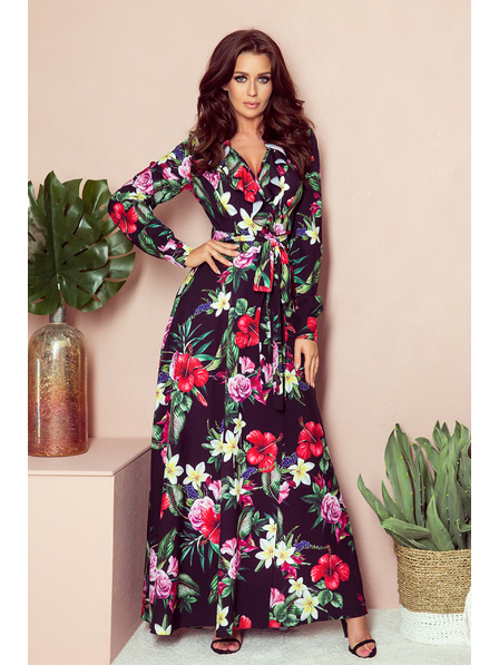 numoco Schwarzes langes Kleid mit Blumenmuster und Rüschenausschnitt Numoco