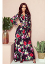 numoco Schwarzes langes Kleid mit Blumenmuster und Rüschenausschnitt Numoco