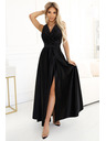 numoco Schwarzes langes Damenkleid aus Satin mit Ausschnitt und Schlitz Numoco