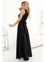 numoco Schwarzes langes Damenkleid aus Satin mit Ausschnitt und Schlitz Numoco